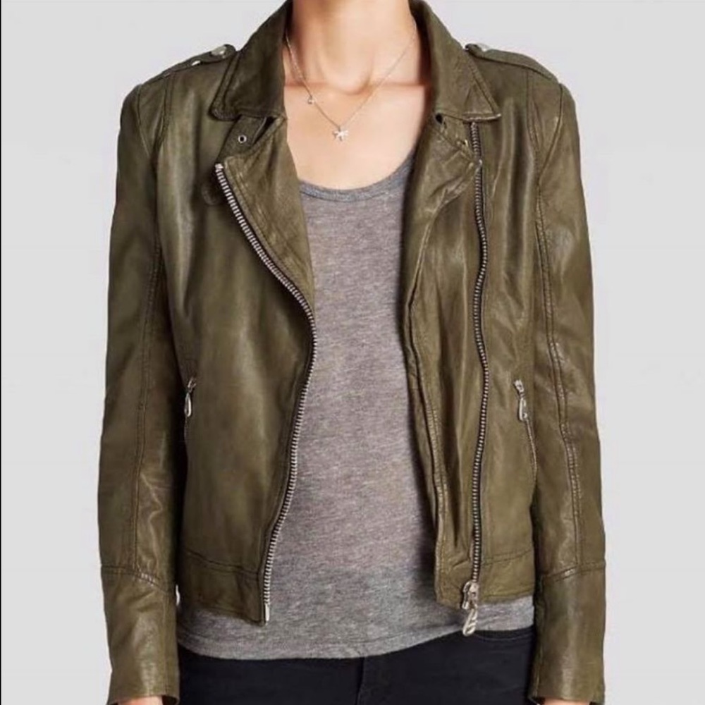 DOMA Leather Moto Jacket Green Size 2/Small